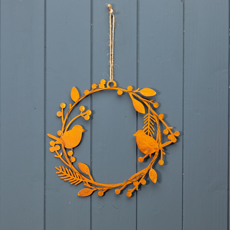 Aged Metal Bird and Leaf Wreath detail page